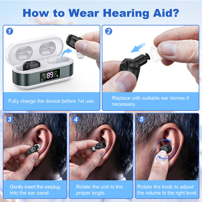 Rechargeable In-the-Ear Hearing Aids with Charging Case and LCD Display – Ultra-Compact Sound Amplifier for Seniors (White & Green Case, Black Device) - Image 4