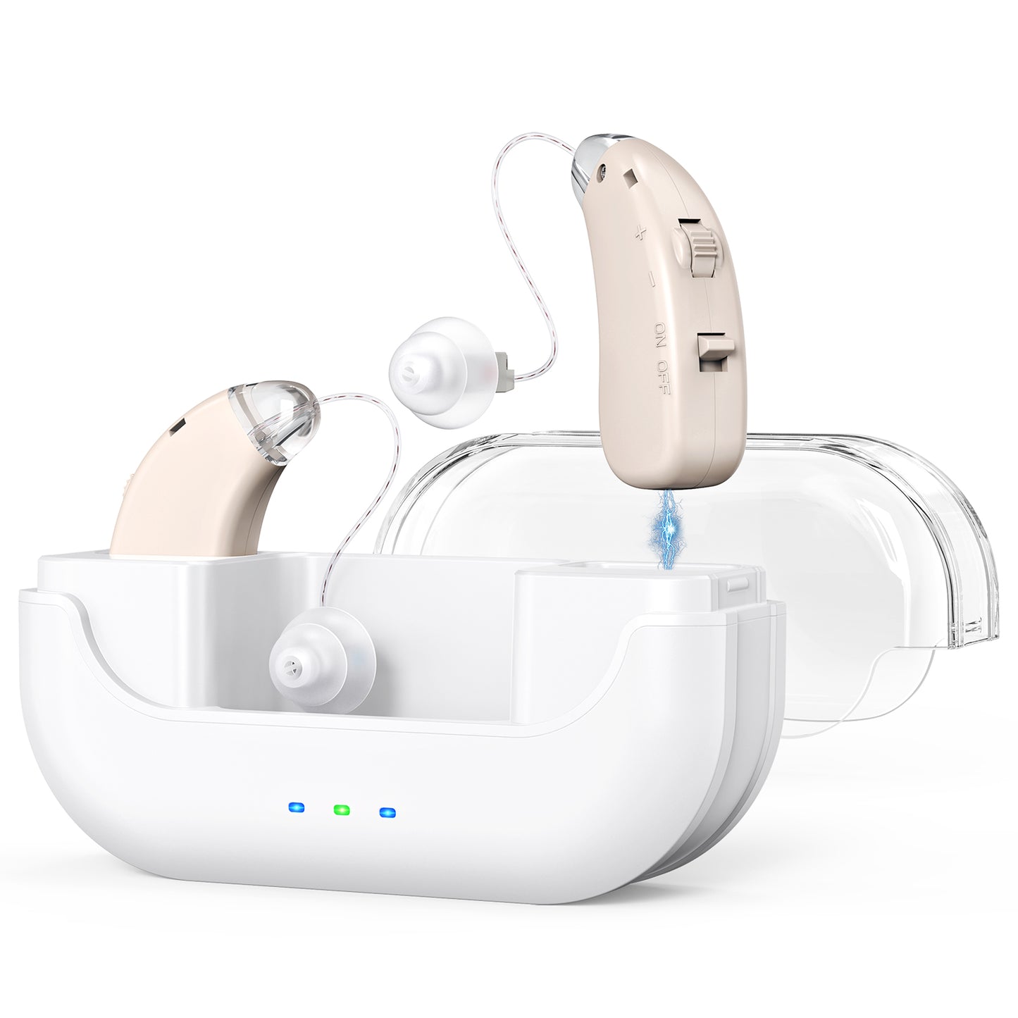 Rechargeable Hearing Amplifier with Charging Case – Compact Sound Enhancer for Daily Use, Noise Reduction & Clear Audio (White & Transparent Case, Skin Tone) - Image 2