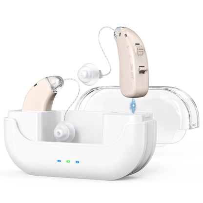 Rechargeable Hearing Amplifier with Charging Case – Compact Sound Enhancer for Daily Use, Noise Reduction & Clear Audio (White & Transparent Case, Skin Tone) - Image 2