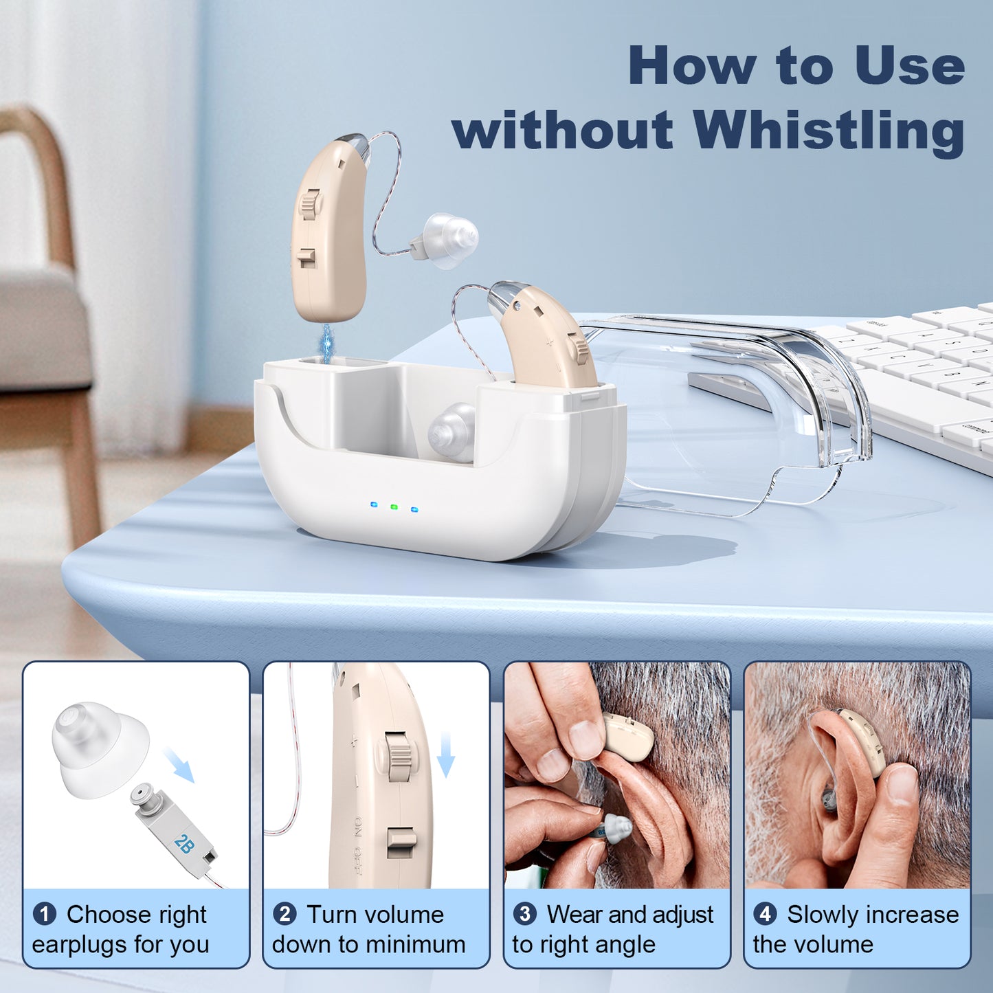 Rechargeable Hearing Amplifier with Charging Case – Compact Sound Enhancer for Daily Use, Noise Reduction & Clear Audio (White & Transparent Case, Skin Tone) - Image 6