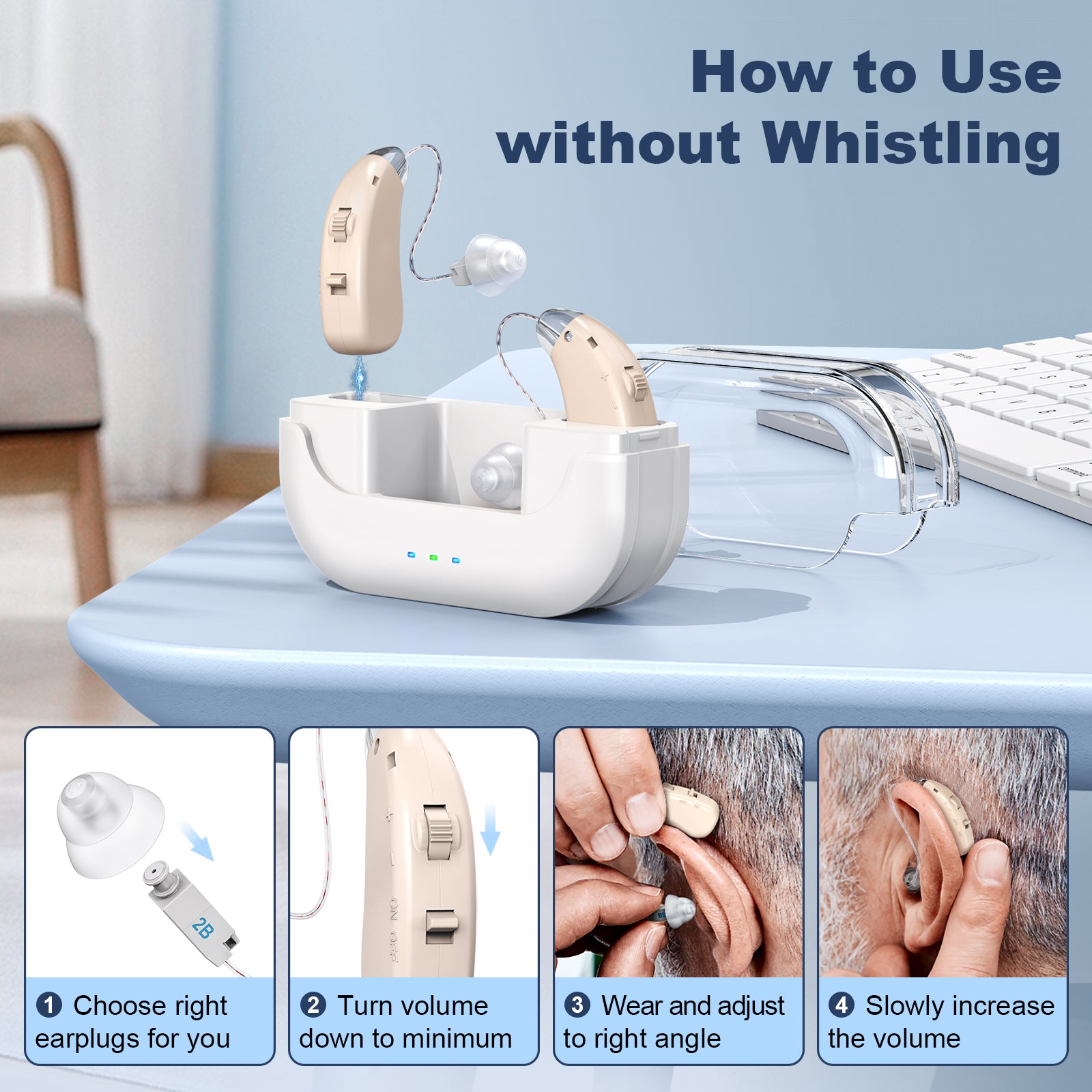 Rechargeable Hearing Amplifier with Charging Case – Compact Sound Enhancer for Daily Use, Noise Reduction & Clear Audio (White & Transparent Case, Skin Tone) - Image 6