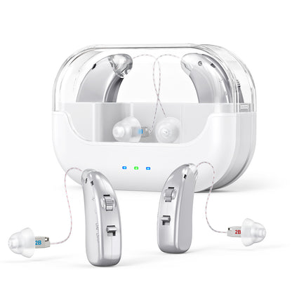 Rechargeable Hearing Amplifier with Charging Case – Compact Sound Enhancer for Daily Use, Noise Reduction & Clear Audio (White & Transparent Case, Silver Tone)