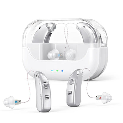 Rechargeable Hearing Amplifier with Charging Case – Compact Sound Enhancer for Daily Use, Noise Reduction & Clear Audio (White & Transparent Case, Silver Tone)