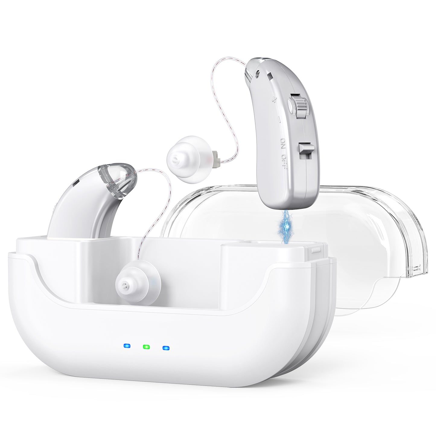 Rechargeable Hearing Amplifier with Charging Case – Compact Sound Enhancer for Daily Use, Noise Reduction & Clear Audio (White & Transparent Case, Silver Tone) - Image 2