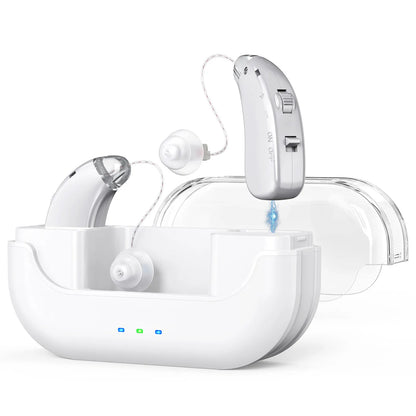 Rechargeable Hearing Amplifier with Charging Case – Compact Sound Enhancer for Daily Use, Noise Reduction & Clear Audio (White & Transparent Case, Silver Tone) - Image 2