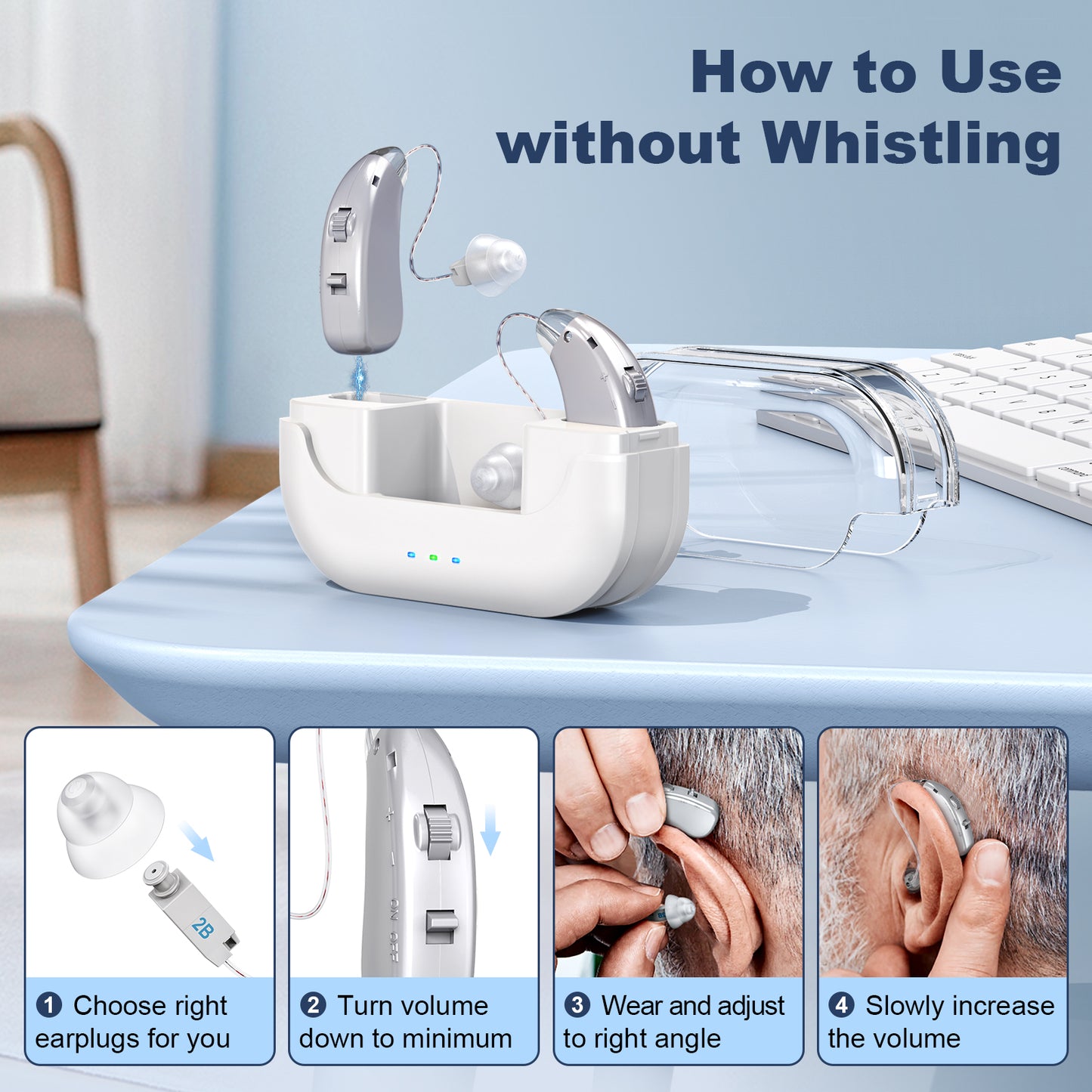 Rechargeable Hearing Amplifier with Charging Case – Compact Sound Enhancer for Daily Use, Noise Reduction & Clear Audio (White & Transparent Case, Silver Tone) - Image 6