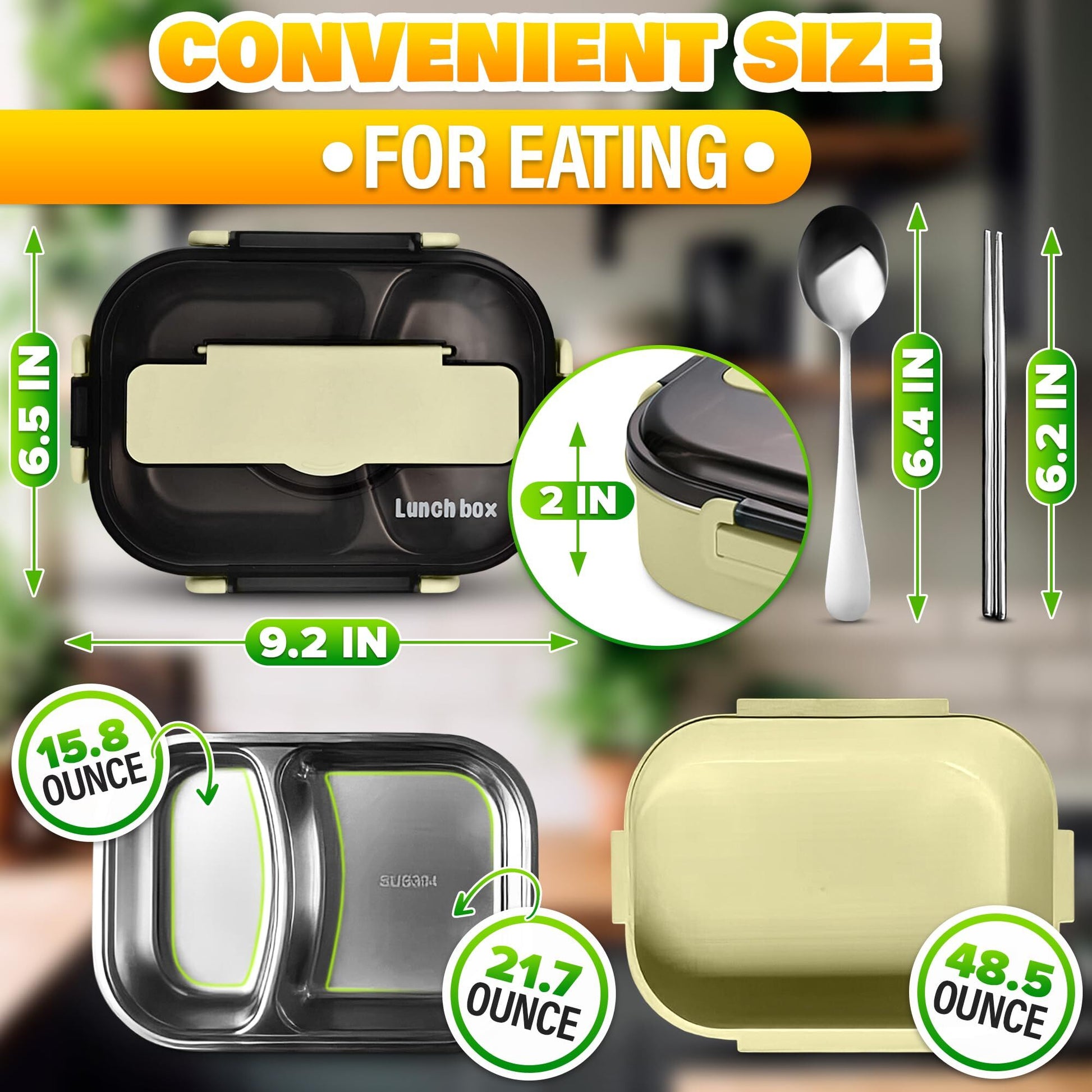 Stainless Steel Bento Lunch Box with Dual Compartments & Utensils – Microwave & Dishwasher Safe for Adults (Green) - Image 2