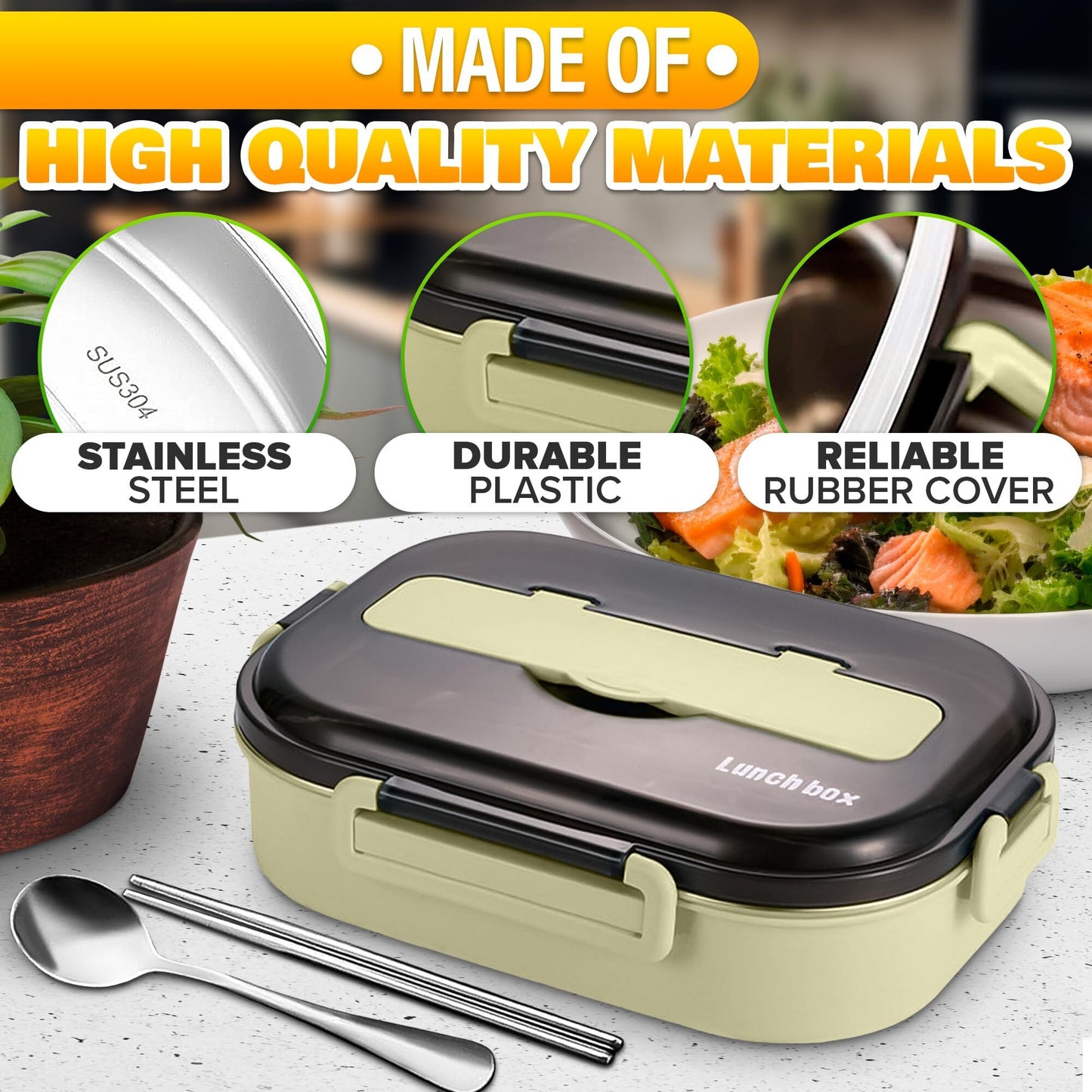 Stainless Steel Bento Lunch Box with Dual Compartments & Utensils – Microwave & Dishwasher Safe for Adults (Green) - Image 3