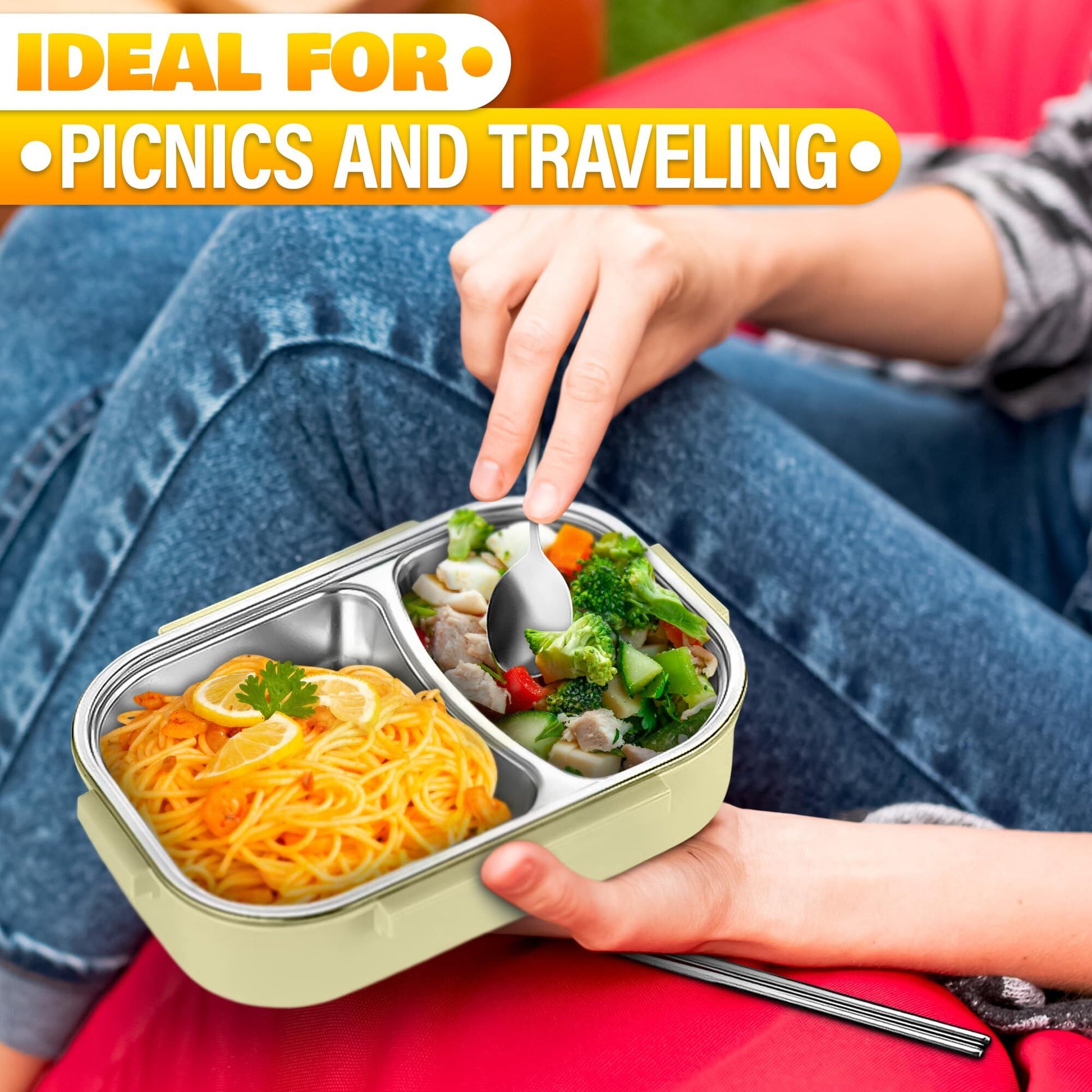 Stainless Steel Bento Lunch Box with Dual Compartments & Utensils – Microwave & Dishwasher Safe for Adults (Green) - Image 9