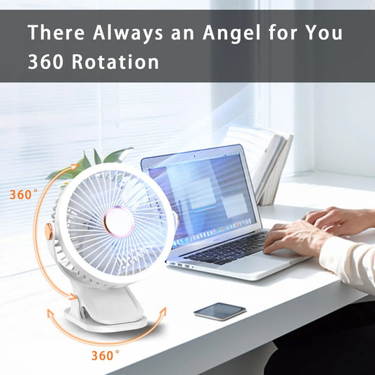 Mini Clip-on Fan with LED Light – USB Rechargeable, 360° Rotatable, 5-Speed Cooling for Desk, Bed, Camping & Travel (White) - Image 2