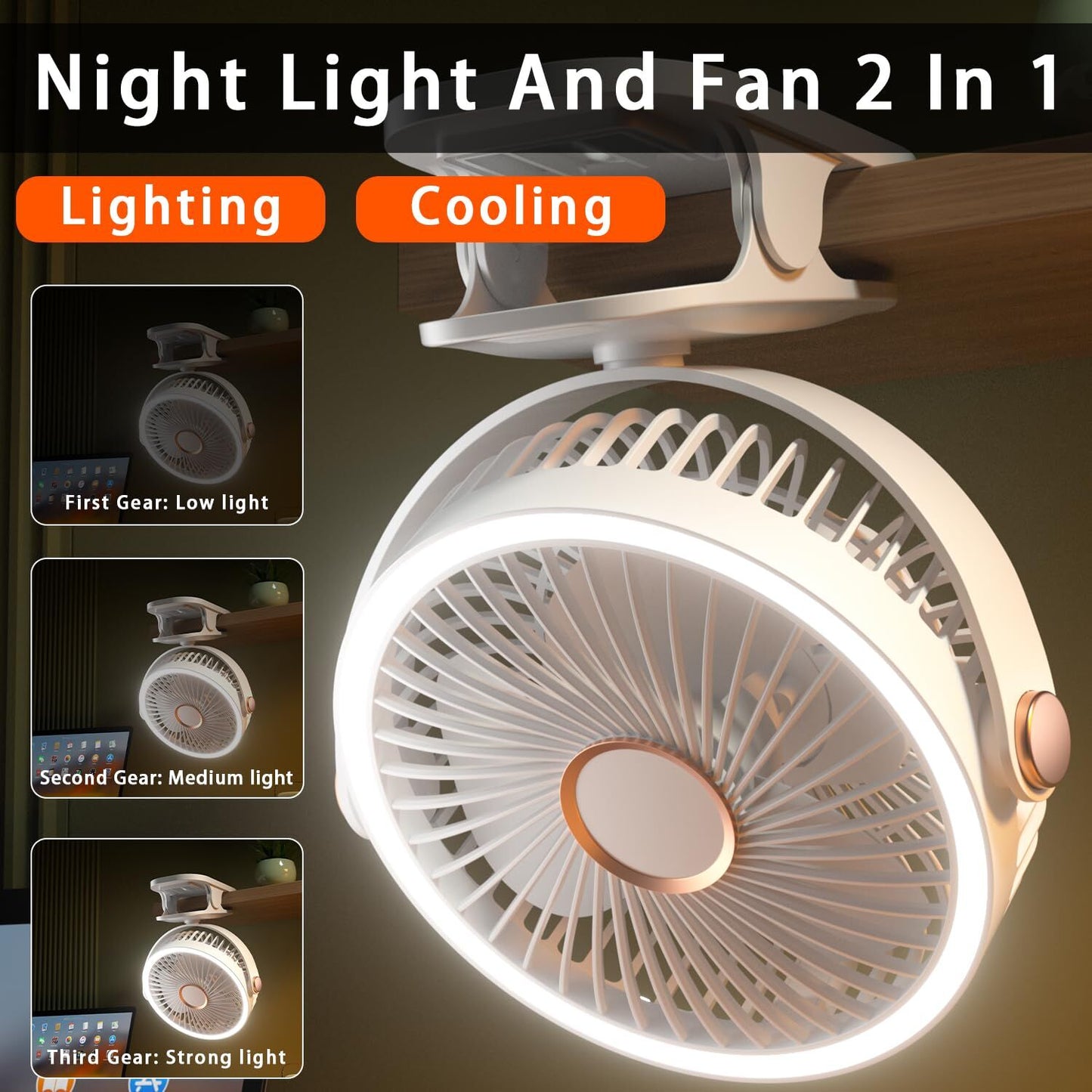 Mini Clip-on Fan with LED Light – USB Rechargeable, 360° Rotatable, 5-Speed Cooling for Desk, Bed, Camping & Travel (White) - Image 5