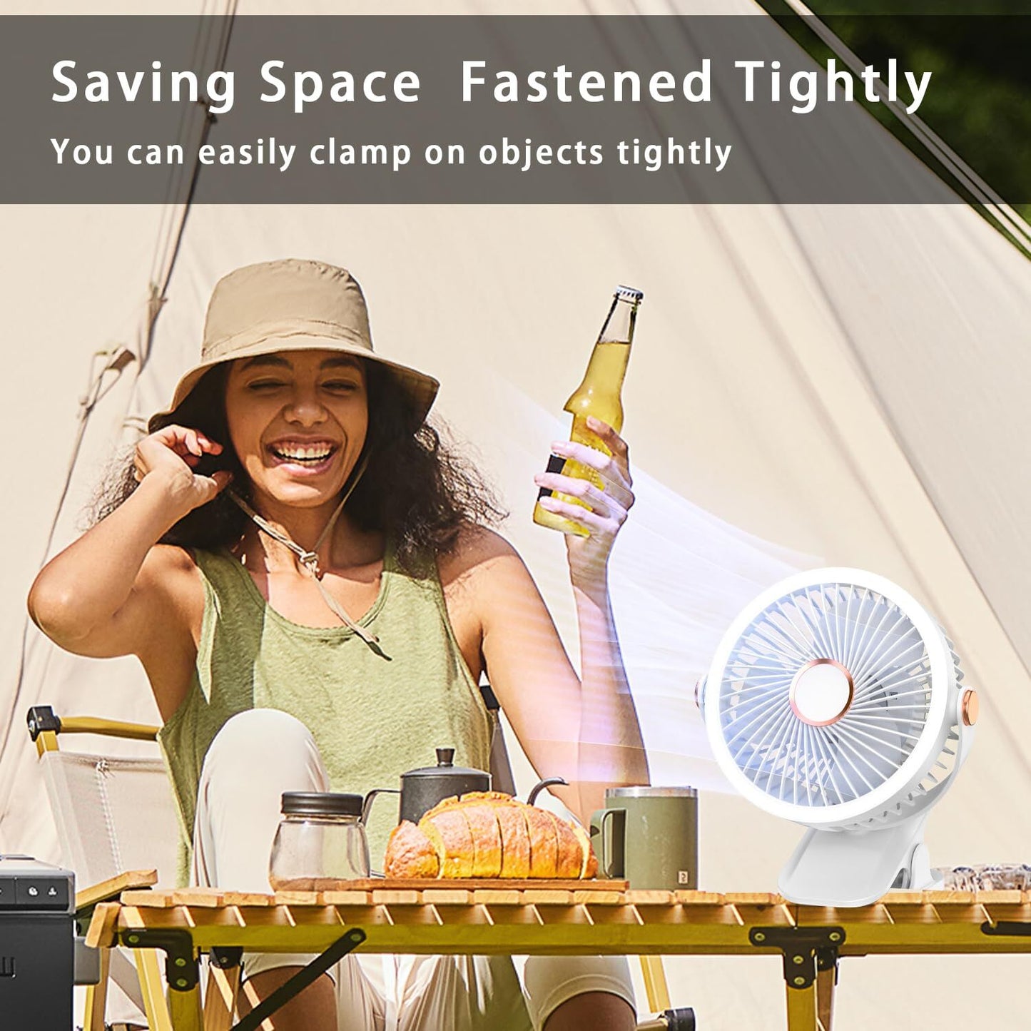 Mini Clip-on Fan with LED Light – USB Rechargeable, 360° Rotatable, 5-Speed Cooling for Desk, Bed, Camping & Travel (White) - Image 6