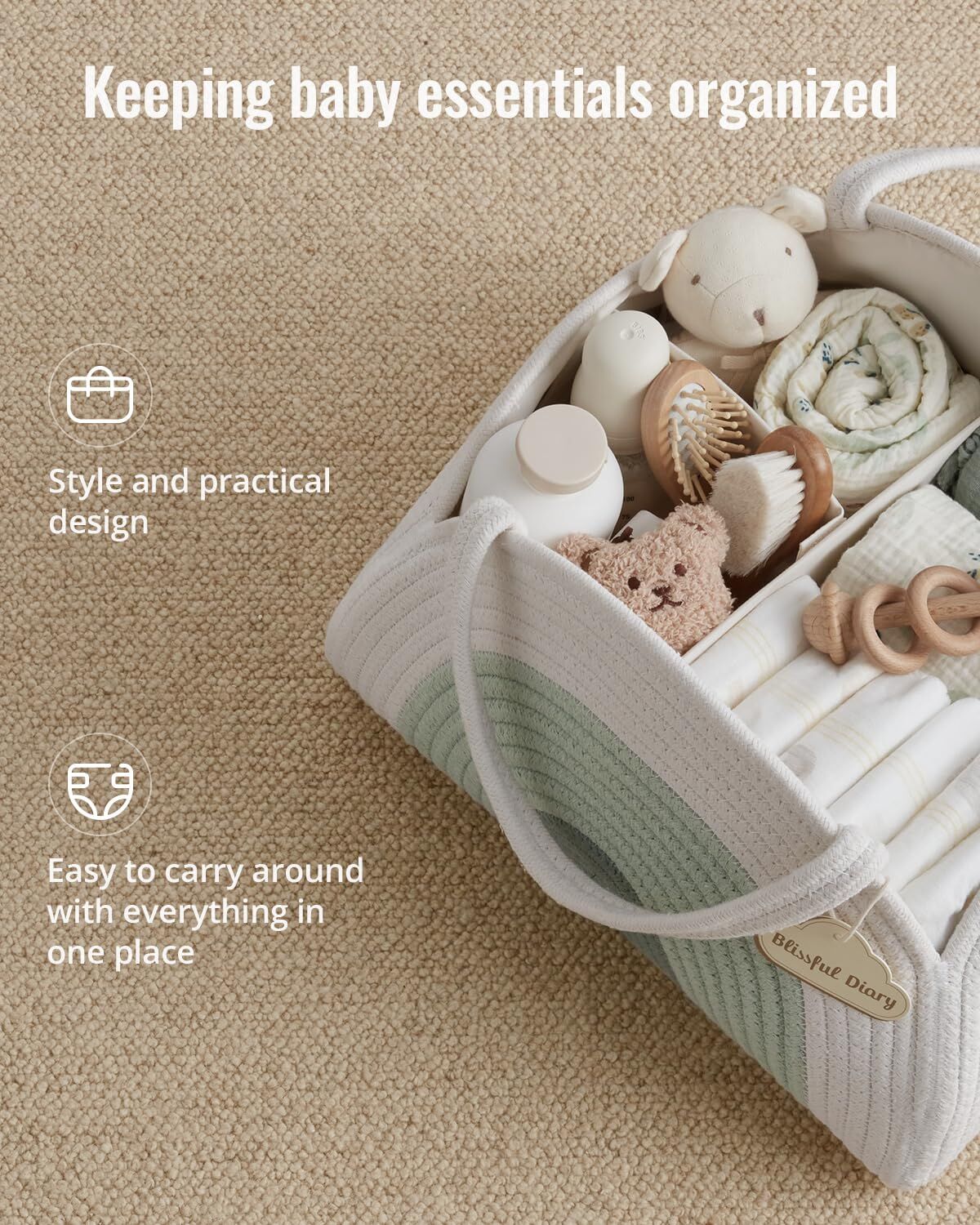 Portable Cotton Rope Diaper Caddy – Large Baby Storage Basket with Removable Dividers and Handles for Nursery, Car, Travel – Stylish Organizing Bin for Newborn Essentials (Mint Rainbow) - Image 2