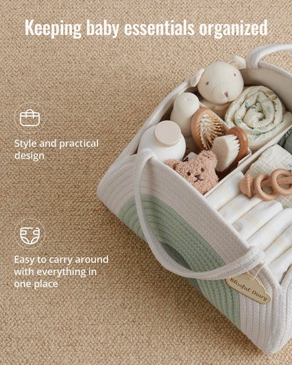 Portable Cotton Rope Diaper Caddy – Large Baby Storage Basket with Removable Dividers and Handles for Nursery, Car, Travel – Stylish Organizing Bin for Newborn Essentials (Mint Rainbow) - Image 2