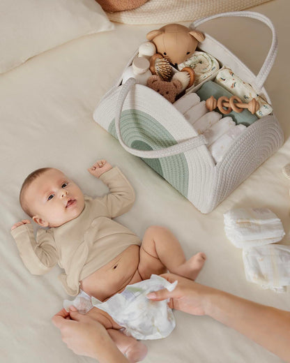 Portable Cotton Rope Diaper Caddy – Large Baby Storage Basket with Removable Dividers and Handles for Nursery, Car, Travel – Stylish Organizing Bin for Newborn Essentials (Mint Rainbow) - Image 3