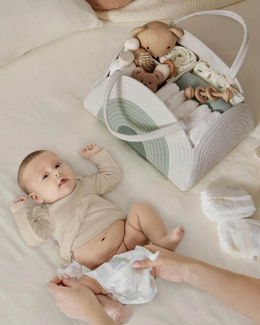 Portable Cotton Rope Diaper Caddy – Large Baby Storage Basket with Removable Dividers and Handles for Nursery, Car, Travel – Stylish Organizing Bin for Newborn Essentials (Mint Rainbow) - Image 3