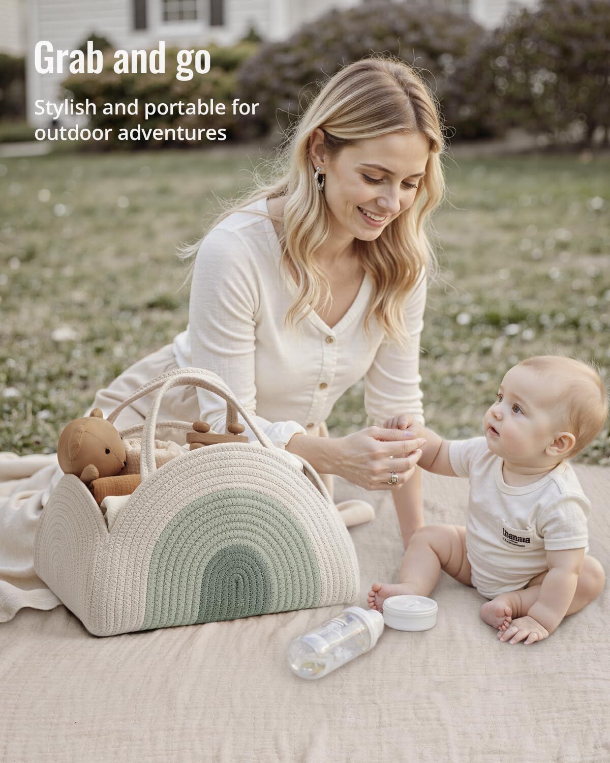 Portable Cotton Rope Diaper Caddy – Large Baby Storage Basket with Removable Dividers and Handles for Nursery, Car, Travel – Stylish Organizing Bin for Newborn Essentials (Mint Rainbow) - Image 5