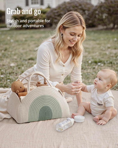 Portable Cotton Rope Diaper Caddy – Large Baby Storage Basket with Removable Dividers and Handles for Nursery, Car, Travel – Stylish Organizing Bin for Newborn Essentials (Mint Rainbow) - Image 5