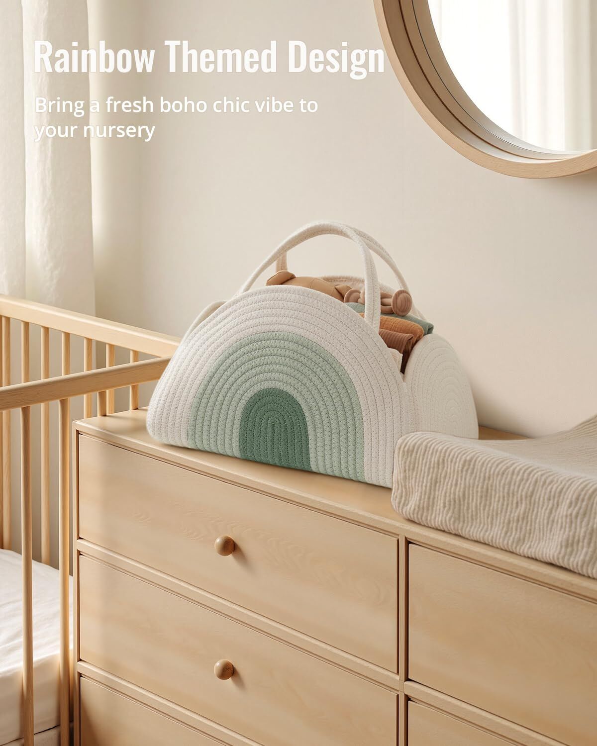 Portable Cotton Rope Diaper Caddy – Large Baby Storage Basket with Removable Dividers and Handles for Nursery, Car, Travel – Stylish Organizing Bin for Newborn Essentials (Mint Rainbow) - Image 6
