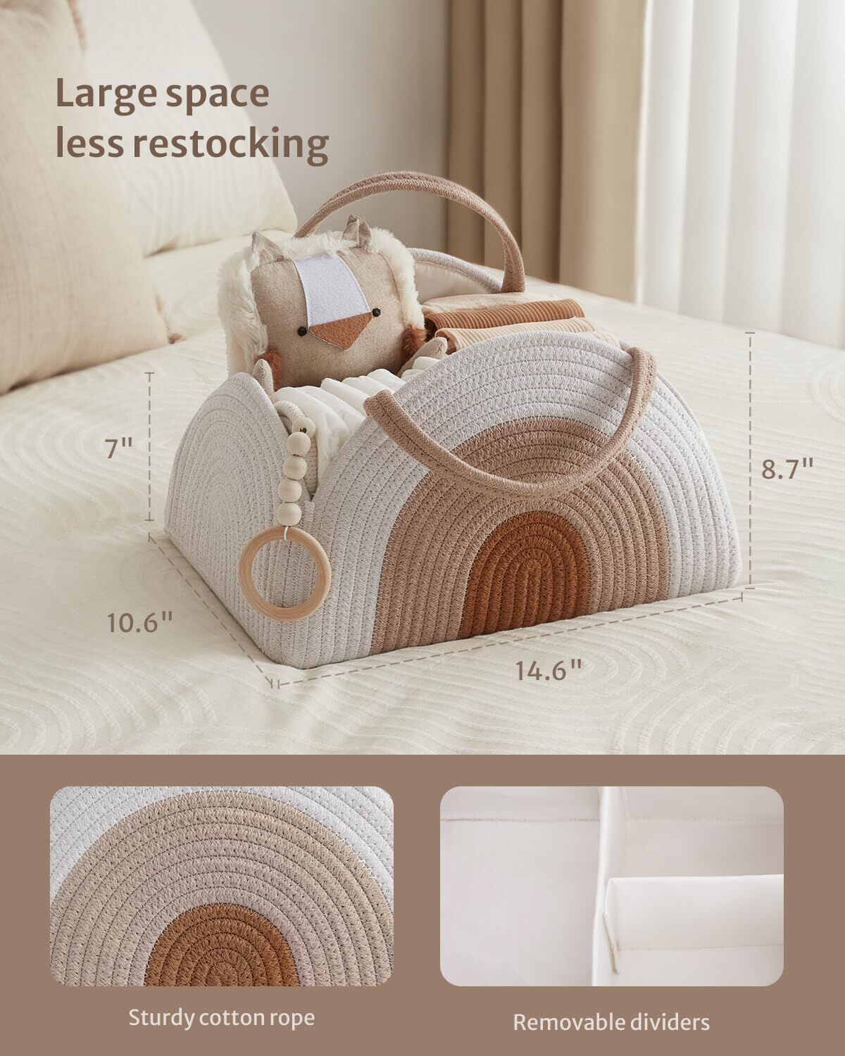Portable Cotton Rope Diaper Caddy – Large Baby Storage Basket with Removable Dividers and Handles for Nursery, Car, Travel – Stylish Organizing Bin for Newborn Essentials (Earthy Rainbow) - Image 3