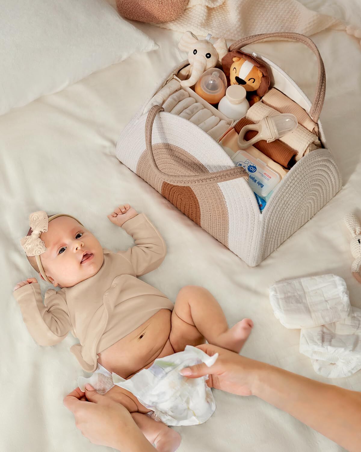 Portable Cotton Rope Diaper Caddy – Large Baby Storage Basket with Removable Dividers and Handles for Nursery, Car, Travel – Stylish Organizing Bin for Newborn Essentials (Earthy Rainbow) - Image 4