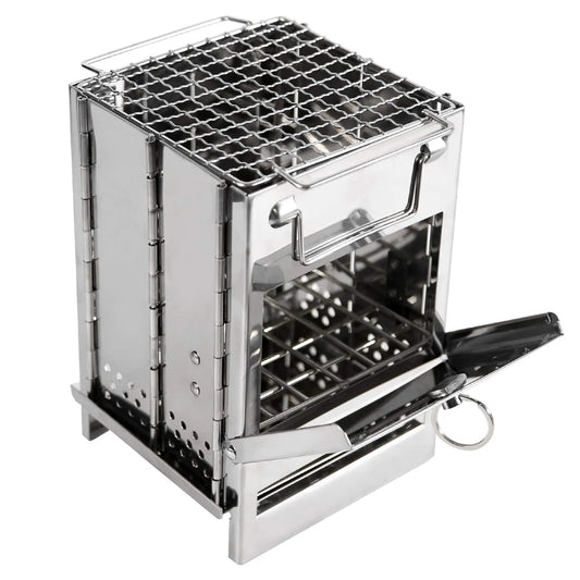 Portable Folding Camping Stove with Grill – Stainless Steel Wood-Burning Fire Pit for Hiking, Backpacking, BBQ & Outdoor Cooking (Silver)