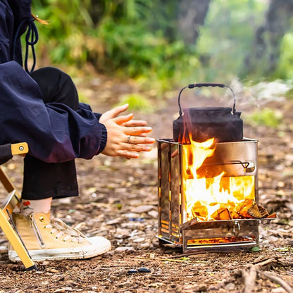 Portable Folding Camping Stove with Grill – Stainless Steel Wood-Burning Fire Pit for Hiking, Backpacking, BBQ & Outdoor Cooking (Silver) - Image 2