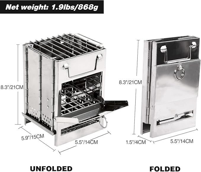Portable Folding Camping Stove with Grill – Stainless Steel Wood-Burning Fire Pit for Hiking, Backpacking, BBQ & Outdoor Cooking (Silver) - Image 3