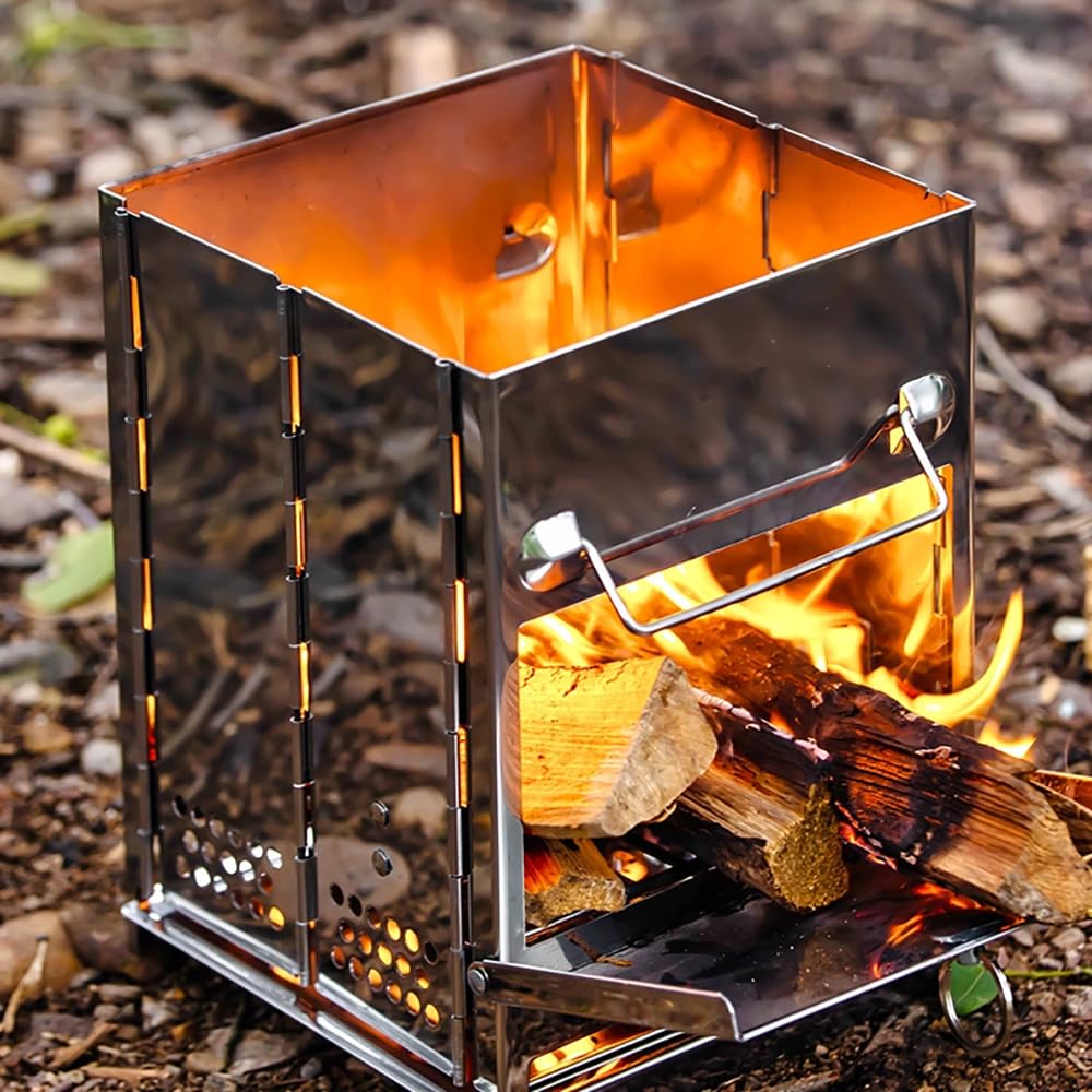 Portable Folding Camping Stove with Grill – Stainless Steel Wood-Burning Fire Pit for Hiking, Backpacking, BBQ & Outdoor Cooking (Silver) - Image 4