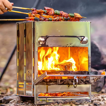 Portable Folding Camping Stove with Grill – Stainless Steel Wood-Burning Fire Pit for Hiking, Backpacking, BBQ & Outdoor Cooking (Silver) - Image 5