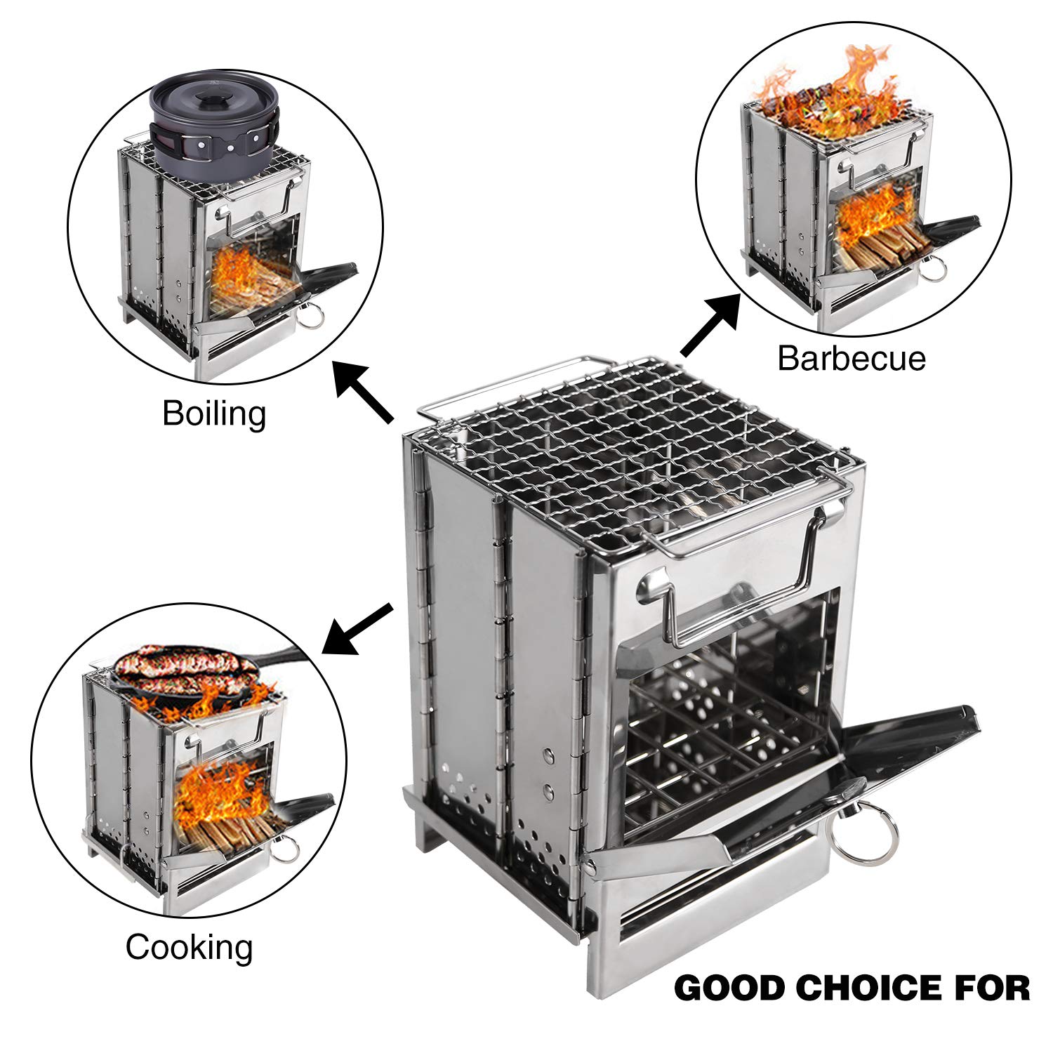 Portable Folding Camping Stove with Grill – Stainless Steel Wood-Burning Fire Pit for Hiking, Backpacking, BBQ & Outdoor Cooking (Silver) - Image 7