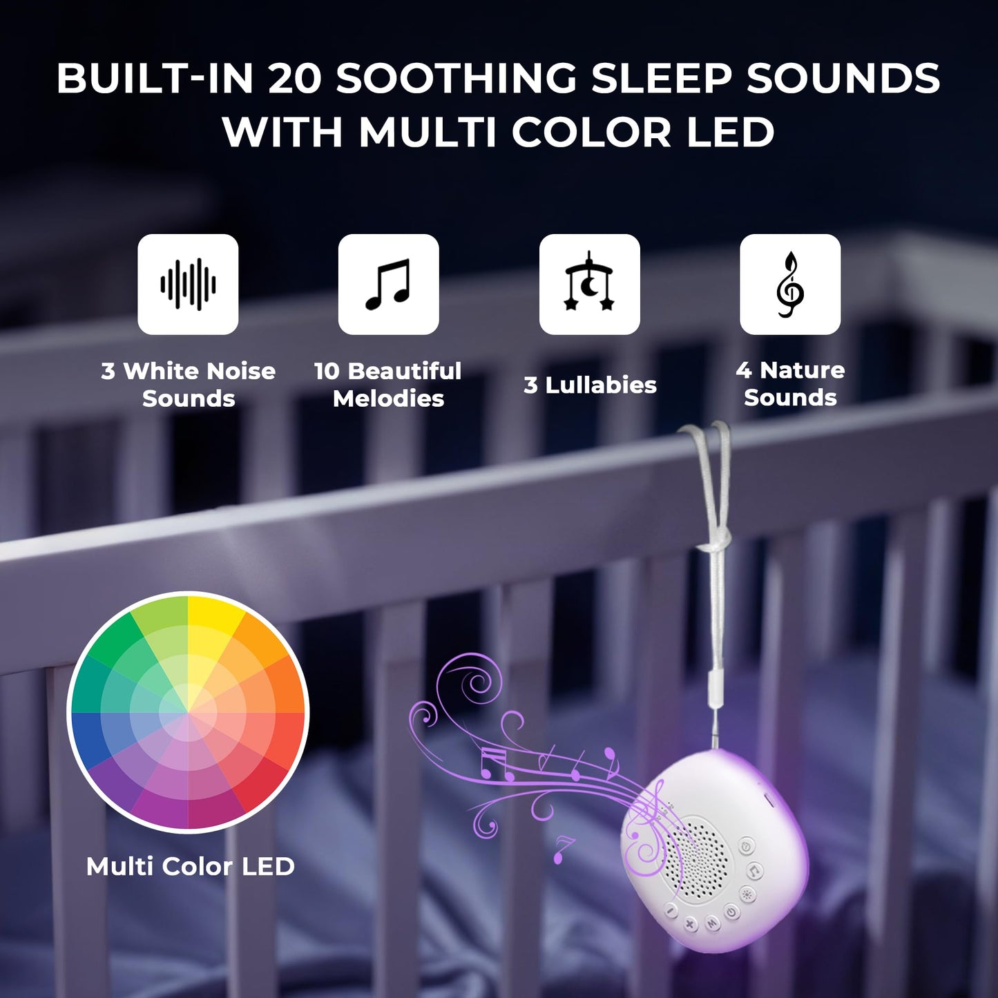 Portable White Noise Machine with 20 Soothing Sounds & RGB LED Night Light – Compact Sleep Sound Device for Babies, Adults & Travel - Image 3