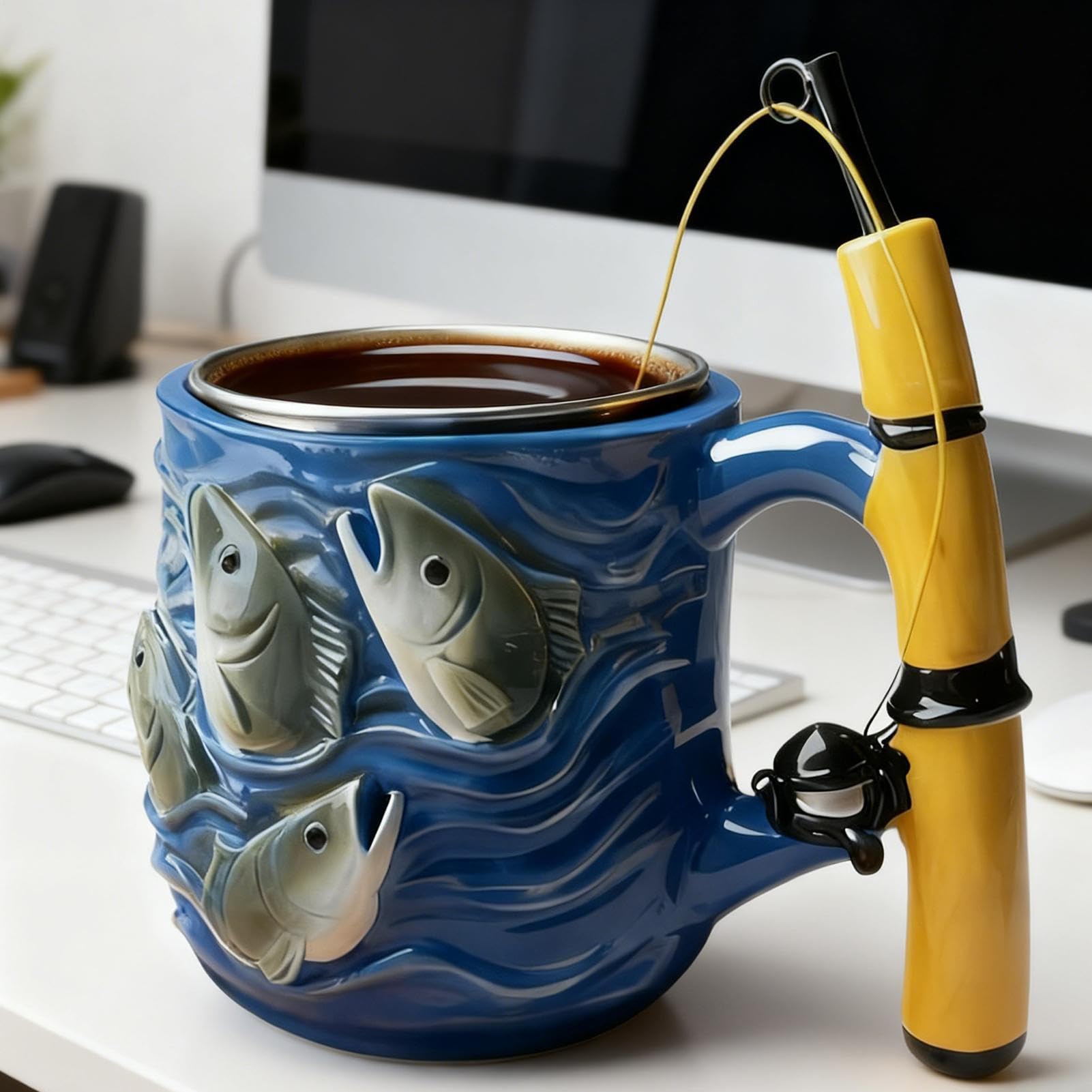 Fishing Rod Ceramic Mug with Realistic Fish Design, 100ml Mini Coffee Cup for Anglers – Durable & Fun Gift for Outdoor Enthusiasts, Office, Camping, or Home Use (Blue) - Image 4