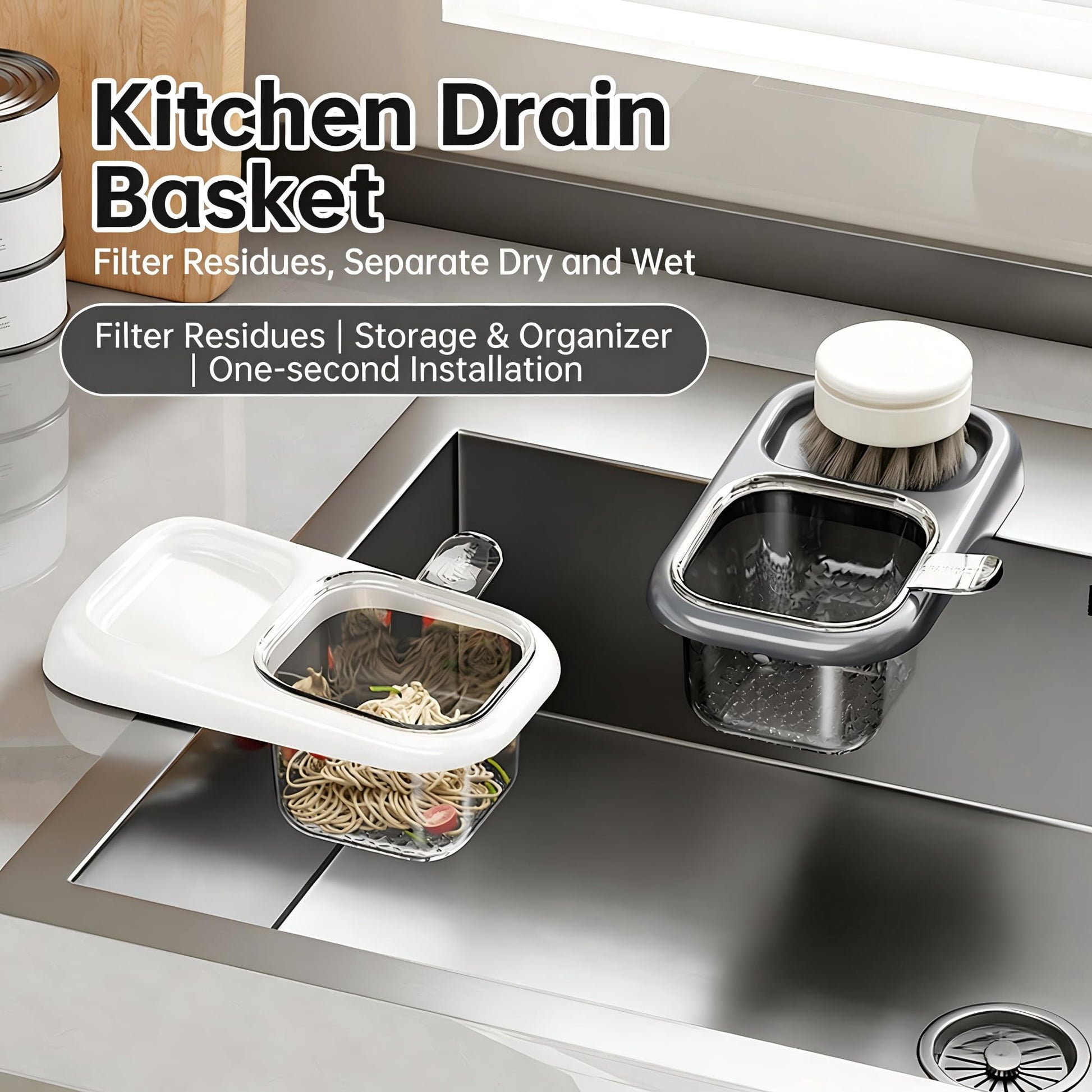 2-Pack Kitchen Sink Drain Basket – White Suction Mount Strainer for Food Waste, Tea Leaves & Vegetables – Space-Saving Filter with Top Storage (White) - Image 2