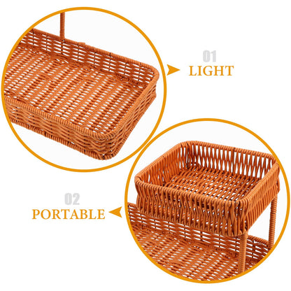 Two-Tier Woven Snack Basket Organizer – Decorative Storage Tray for Kitchen Countertop, Coffee Table, Bathroom Vanity, and Dining Room – Holds Fruit, Bread, Cosmetics, Jewelry, and Tea Sets – Rustic Brown Rattan-Look Home Decor Basket (Brown) - Image 3