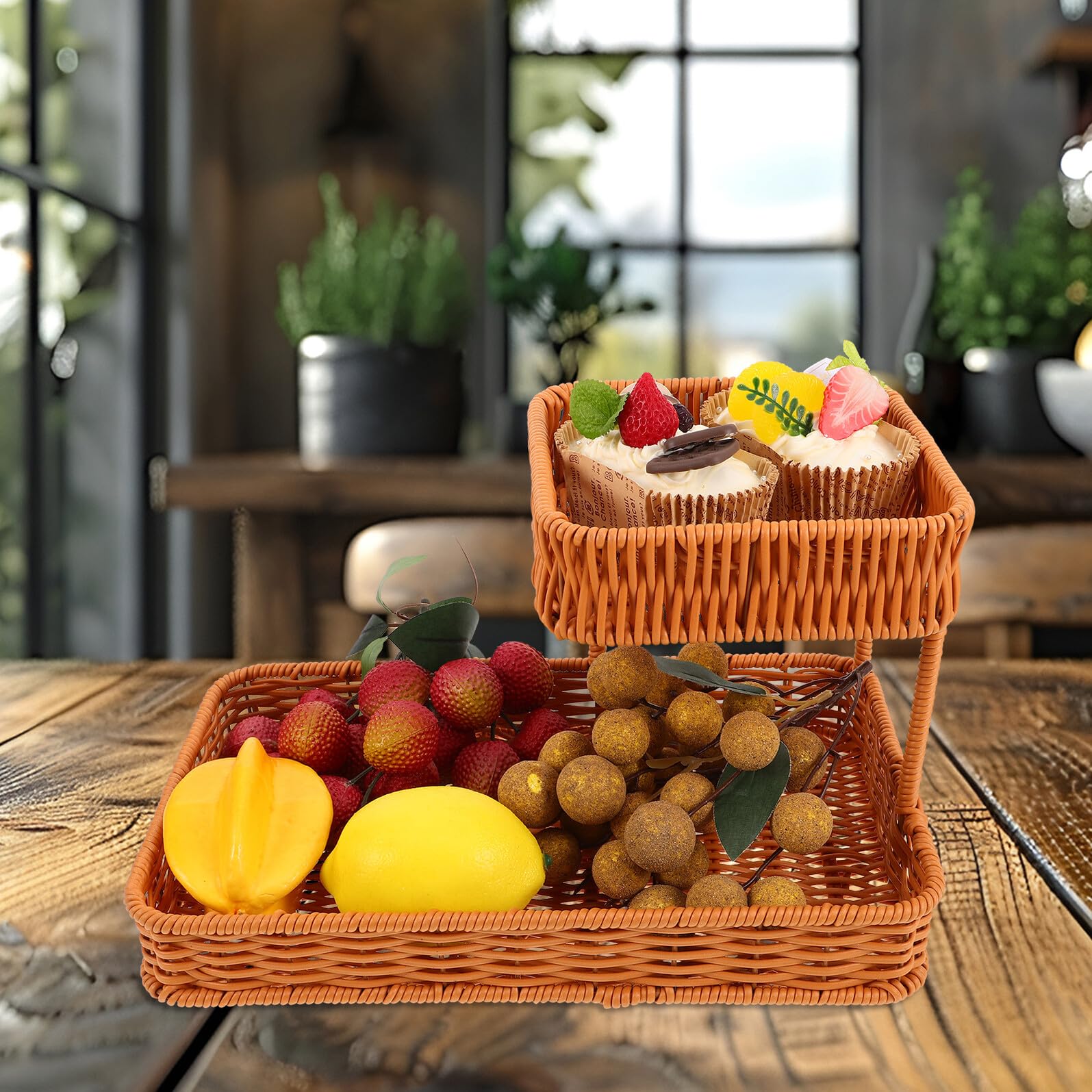 Two-Tier Woven Snack Basket Organizer – Decorative Storage Tray for Kitchen Countertop, Coffee Table, Bathroom Vanity, and Dining Room – Holds Fruit, Bread, Cosmetics, Jewelry, and Tea Sets – Rustic Brown Rattan-Look Home Decor Basket (Brown) - Image 6