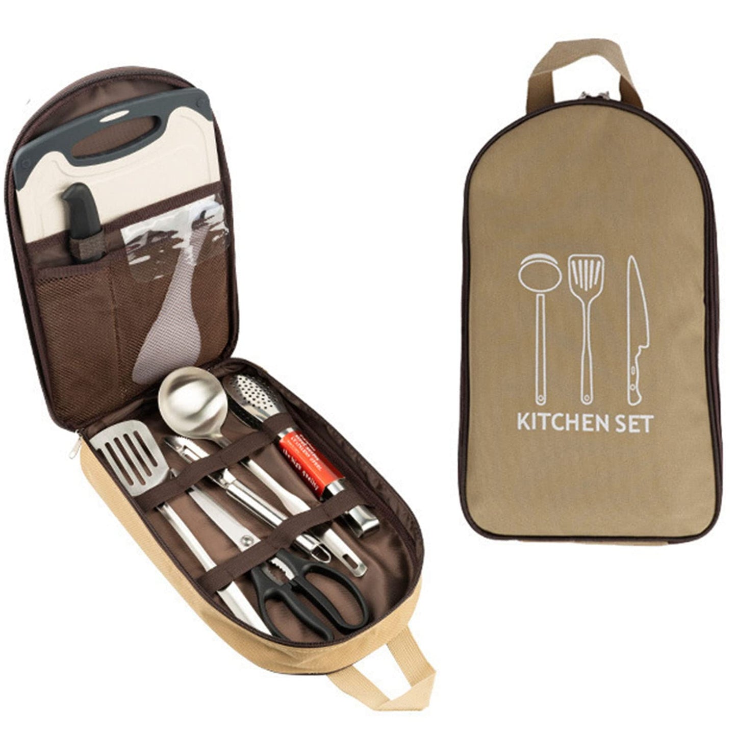 Multi-Functional Outdoor Kitchen Utensil Organizer – Durable Travel Storage Bag with Elastic Straps, Mesh Pockets & Carry Handle, Compact Size (Khaki)