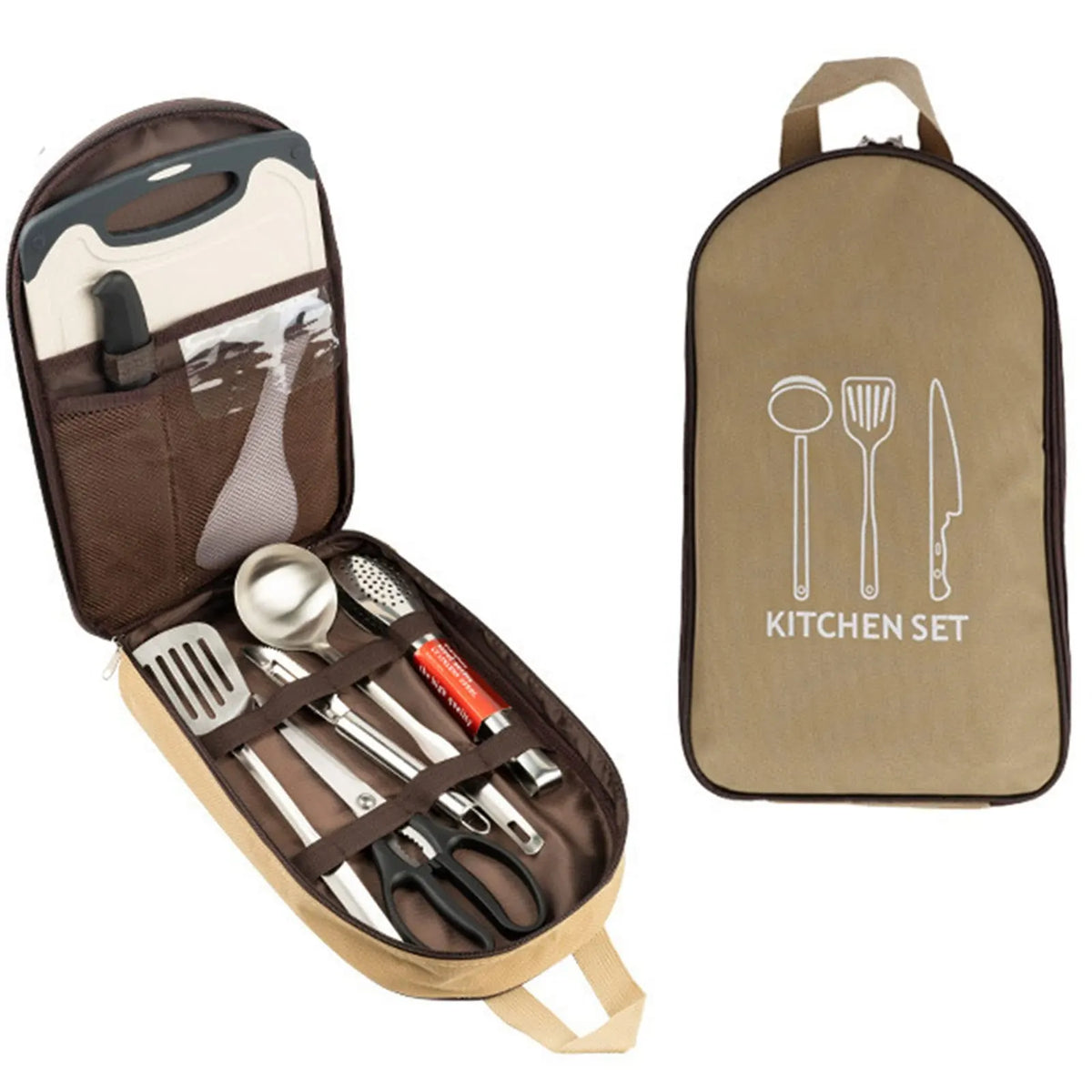 Multi-Functional Outdoor Kitchen Utensil Organizer – Durable Travel Storage Bag with Elastic Straps, Mesh Pockets & Carry Handle, Compact Size (Khaki)