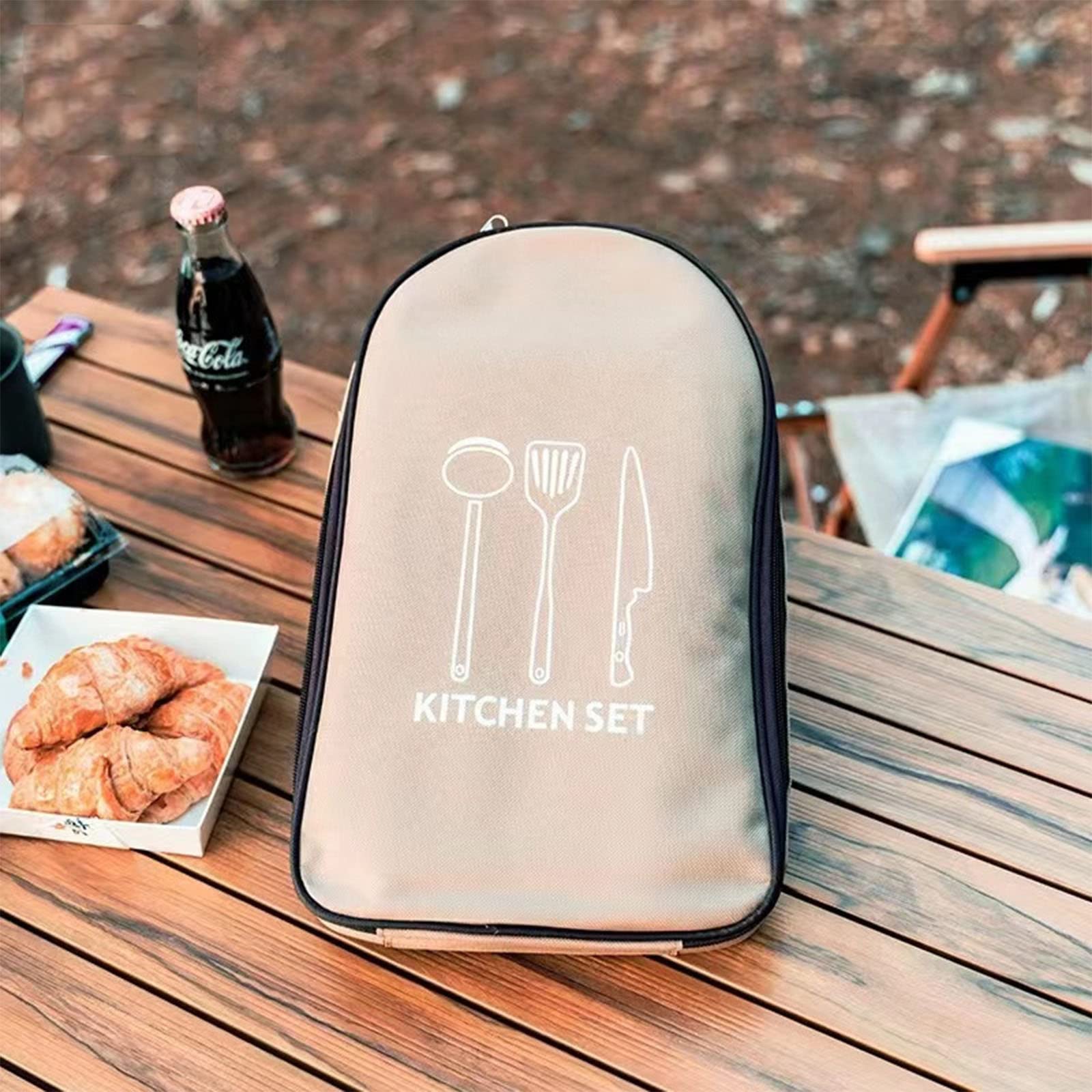 Multi-Functional Outdoor Kitchen Utensil Organizer – Durable Travel Storage Bag with Elastic Straps, Mesh Pockets & Carry Handle, Compact Size (Khaki) - Image 3