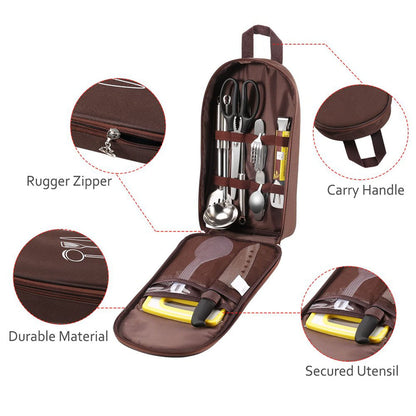 Multi-Functional Outdoor Kitchen Utensil Organizer – Durable Travel Storage Bag with Elastic Straps, Mesh Pockets & Carry Handle, Compact Size (Brown) - Image 3