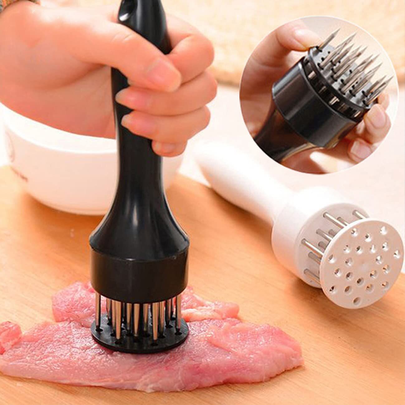Meat Tenderizer Set with Stainless Steel Needles – 2-Piece Kitchen Tool for Marinating & Cooking Beef, Chicken, Pork, Fish (Black & White) - Image 4