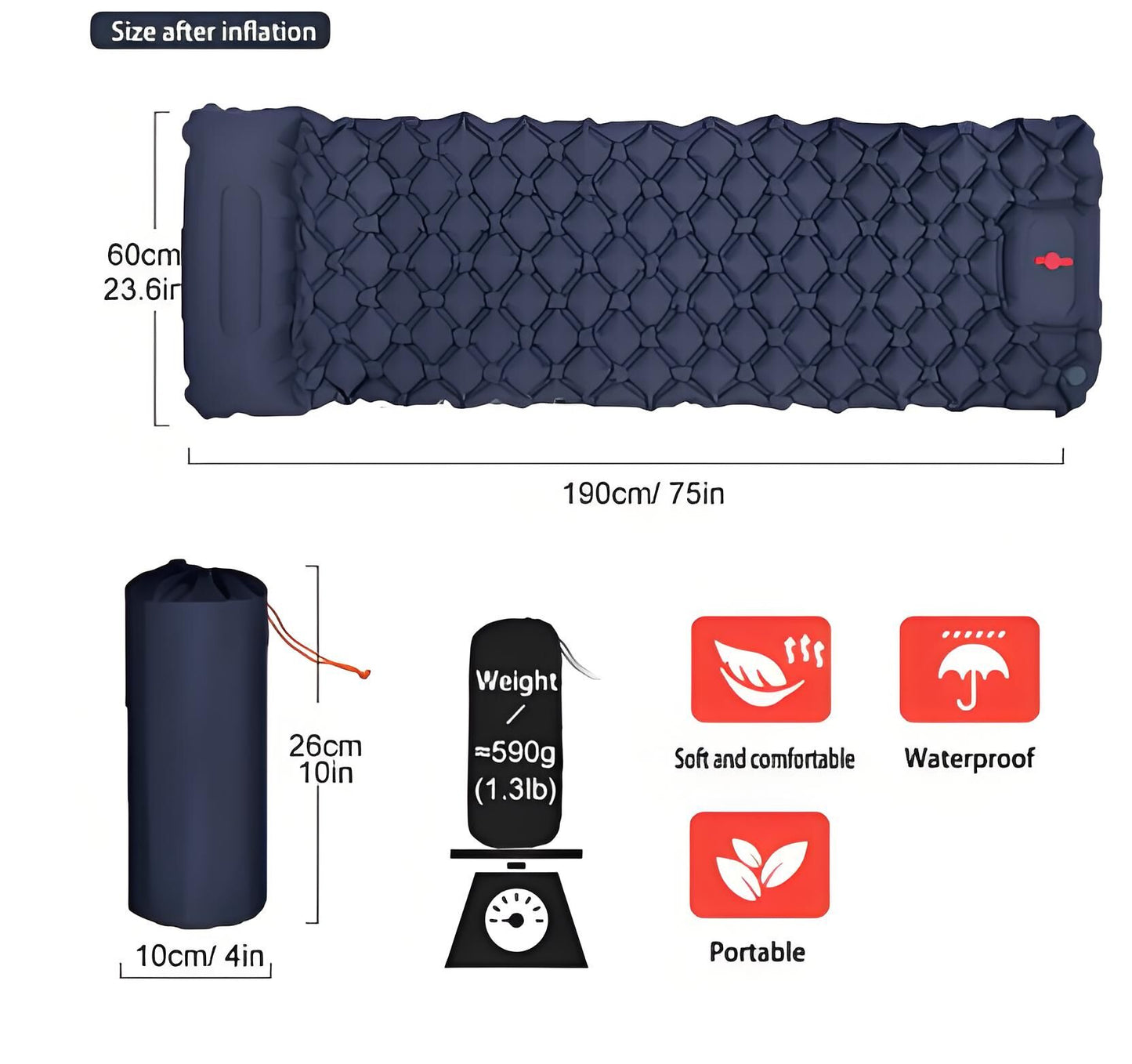 Ultralight Camping Sleeping Pad: Built-in Foot Pump, Integrated Pillow – Compact, Waterproof for Hiking/Backpacking (Dark Blue) - Image 2