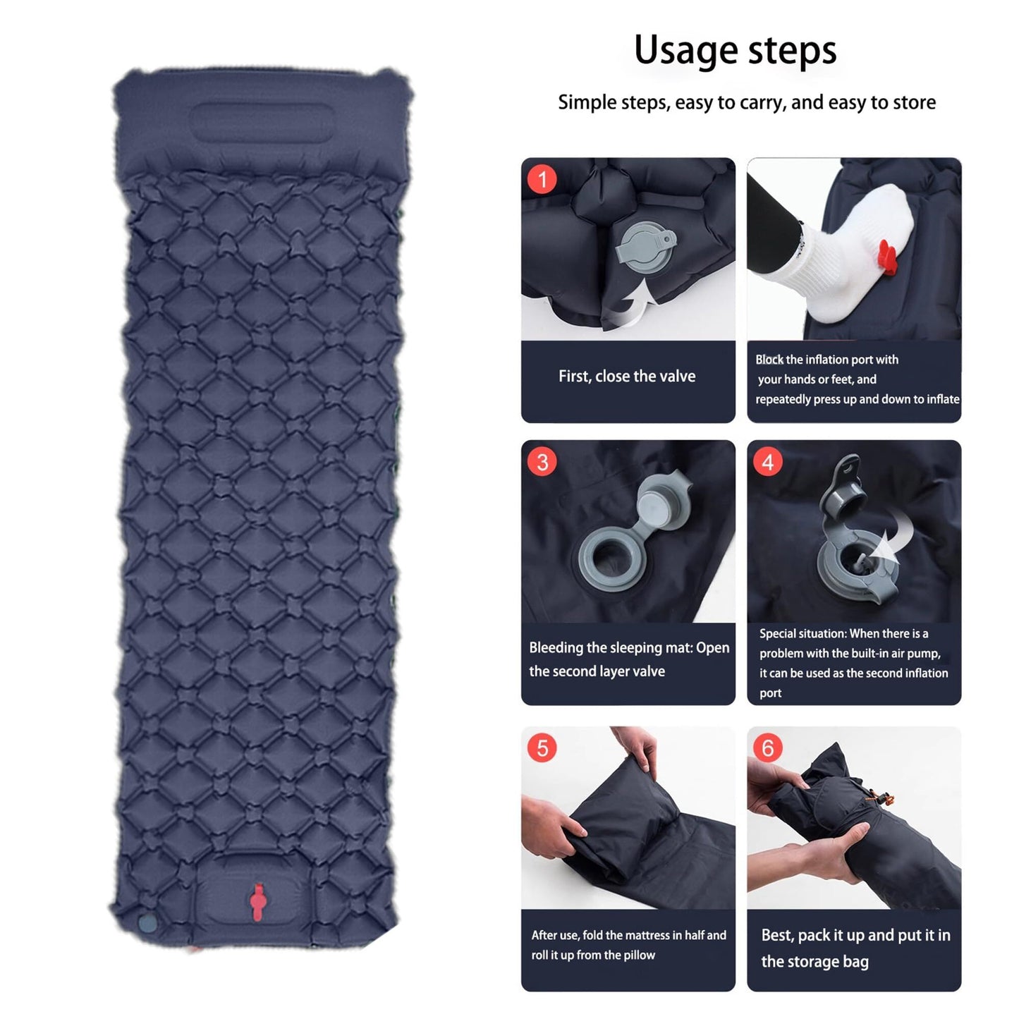 Ultralight Camping Sleeping Pad: Built-in Foot Pump, Integrated Pillow – Compact, Waterproof for Hiking/Backpacking (Dark Blue) - Image 9