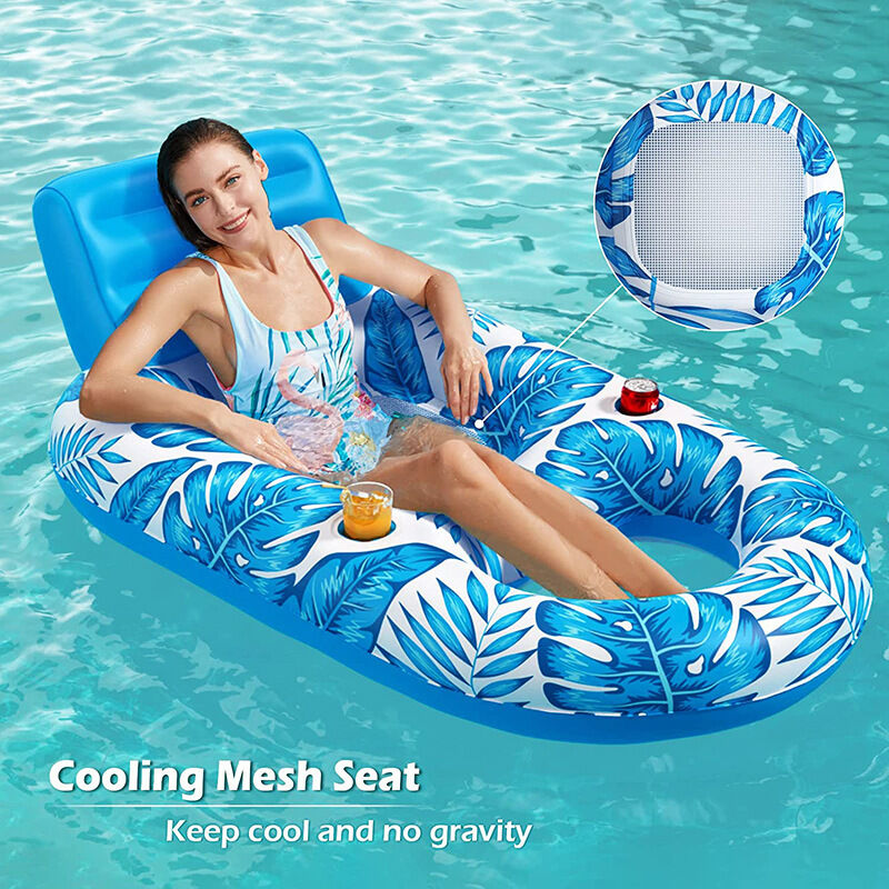 Inflatable Pool Lounger Float with Backrest & Cup Holders – U-Shaped Floating Chair for Pool, Lake, Beach (Blue) - Image 2