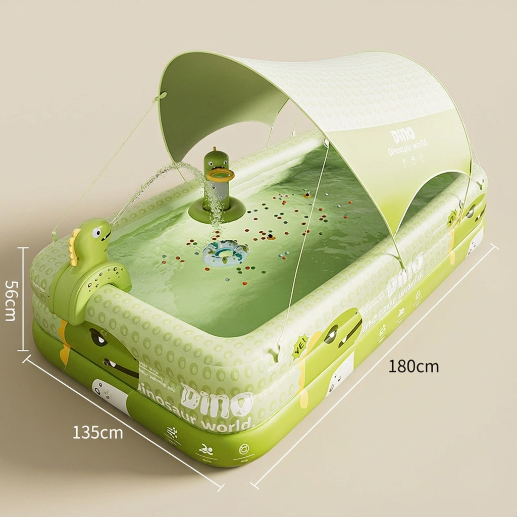 Inflatable Swimming Pool 180×130×56cm with Canopy & Dinosaur Spray – Kids Outdoor Water Play Set for Backyard, Garden, Summer Fun (Green)  - Image 2