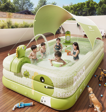 Inflatable Swimming Pool 180×130×56cm with Canopy & Dinosaur Spray – Kids Outdoor Water Play Set for Backyard, Garden, Summer Fun (Green)  - Image 8