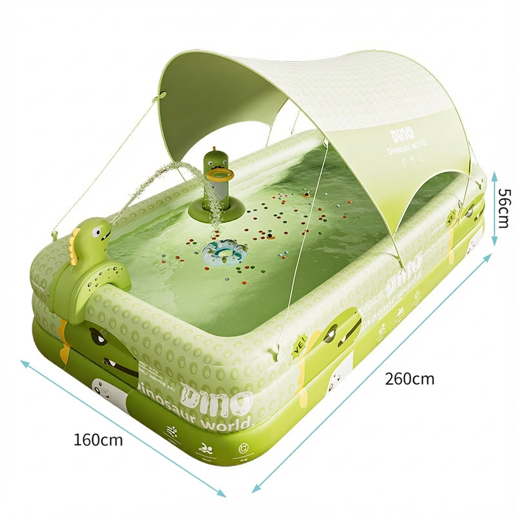 Inflatable Swimming Pool 260×160×56cm with Canopy & Dinosaur Spray – Kids Outdoor Water Play Set for Backyard, Garden, Summer Fun (Green)  - Image 2