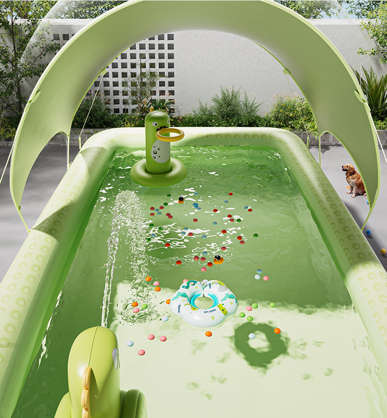 Inflatable Swimming Pool 260×160×56cm with Canopy & Dinosaur Spray – Kids Outdoor Water Play Set for Backyard, Garden, Summer Fun (Green)  - Image 3