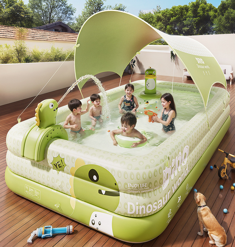 Inflatable Swimming Pool 260×160×56cm with Canopy & Dinosaur Spray – Kids Outdoor Water Play Set for Backyard, Garden, Summer Fun (Green)  - Image 8