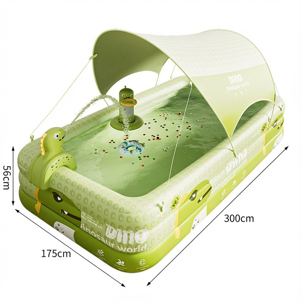 Inflatable Swimming Pool 300×175×56cm with Canopy & Dinosaur Spray – Kids Outdoor Water Play Set for Backyard, Garden, Summer Fun (Green) - Image 2